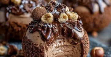 Chocolate Hazelnut Mousse Bomb topped with chocolate ganache, roasted hazelnuts, and crunchy chocolate crumbs.