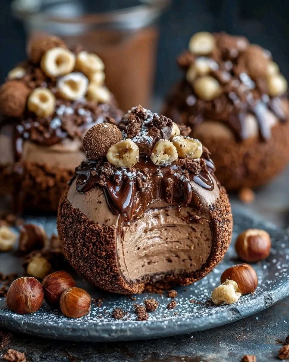 Chocolate Hazelnut Mousse Bomb topped with chocolate ganache, roasted hazelnuts, and crunchy chocolate crumbs.