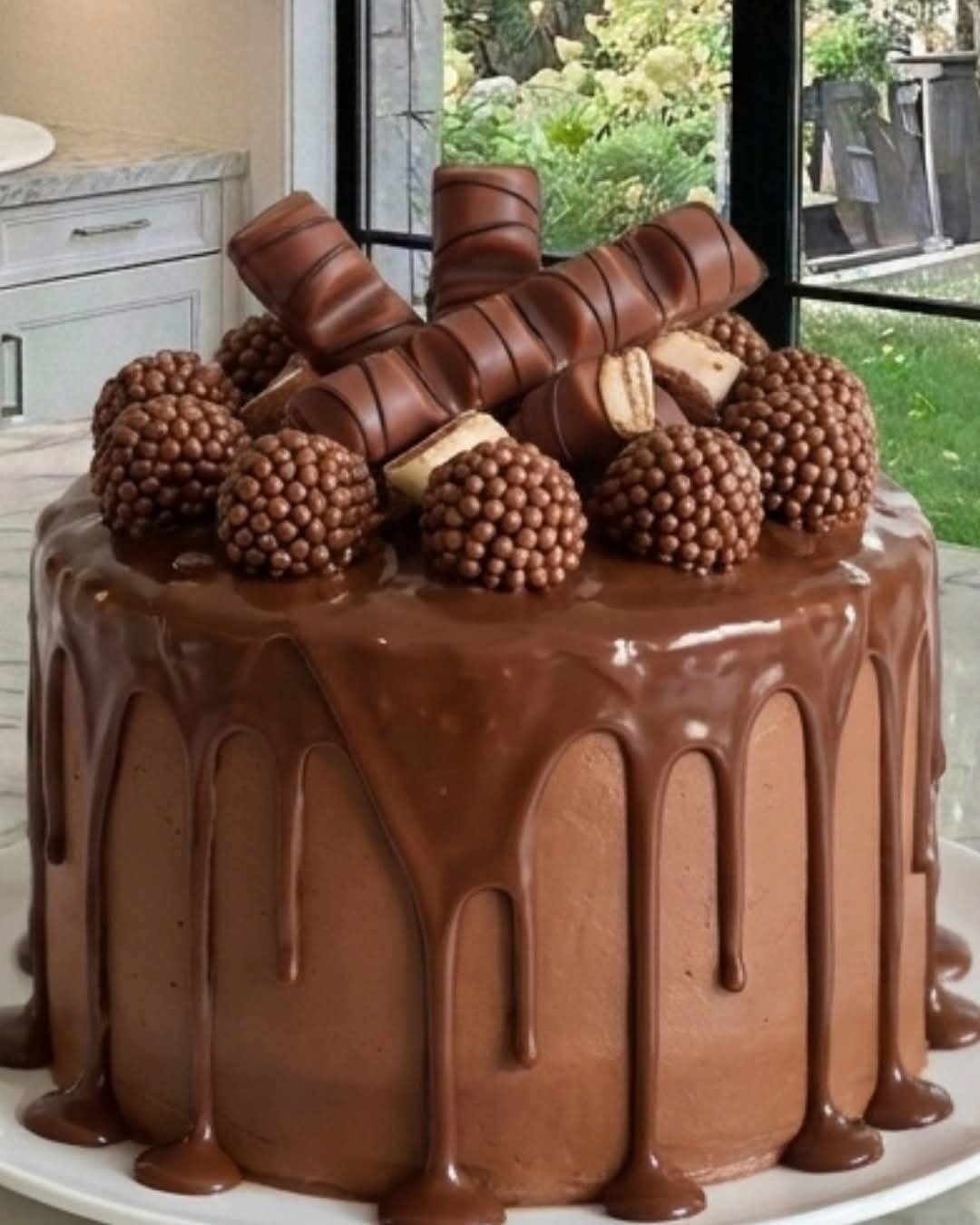Rich chocolate drip cake decorated with chocolate ganache, chocolate candies, crispy chocolate balls, and macarons.