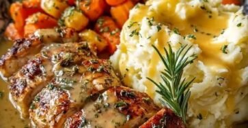 Creamy garlic chicken served with mashed potatoes and roasted carrots – easy homemade dinner recipe