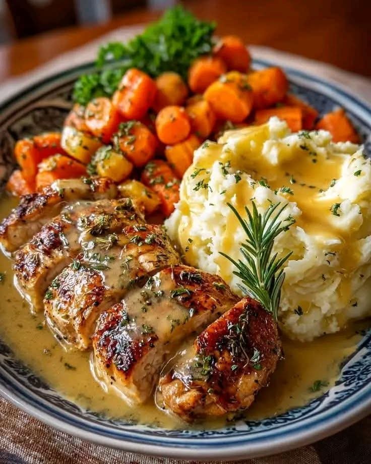 Creamy garlic chicken served with mashed potatoes and roasted carrots – easy homemade dinner recipe
