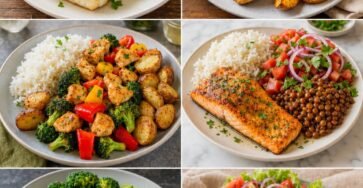 Healthy meal prep ideas with grilled chicken, salmon, steak, rice, roasted vegetables, avocado, and fresh salads