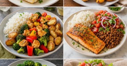 Healthy meal prep ideas with grilled chicken, salmon, steak, rice, roasted vegetables, avocado, and fresh salads