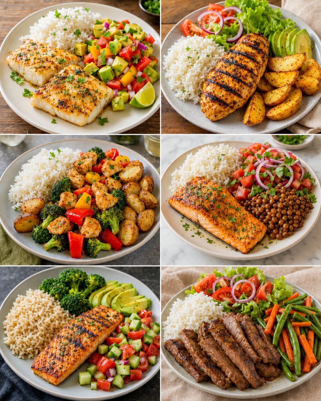 Healthy meal prep ideas with grilled chicken, salmon, steak, rice, roasted vegetables, avocado, and fresh salads