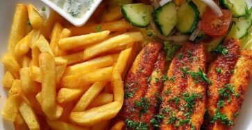 Grilled seasoned chicken strips served with crispy French fries, fresh garden salad, and creamy garlic herb dipping sauce.