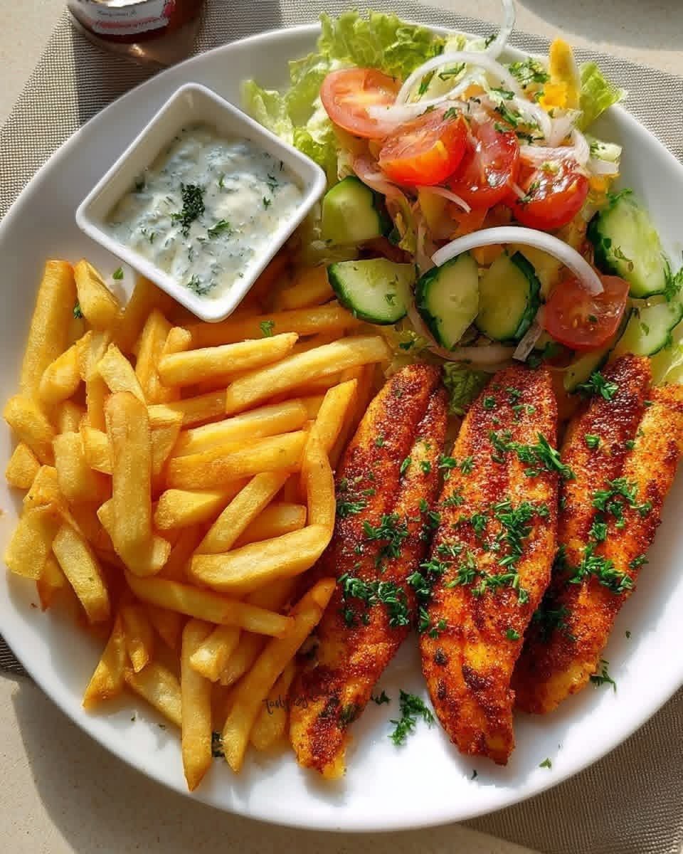 Grilled seasoned chicken strips served with crispy French fries, fresh garden salad, and creamy garlic herb dipping sauce.