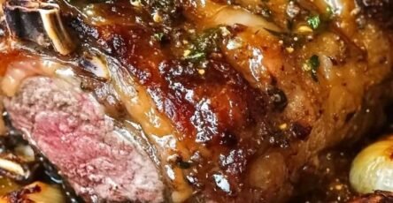 Oven-Baked Confit Lamb Shoulder with Garlic, Honey and Mustard served with roasted garlic and herb pan sauce.