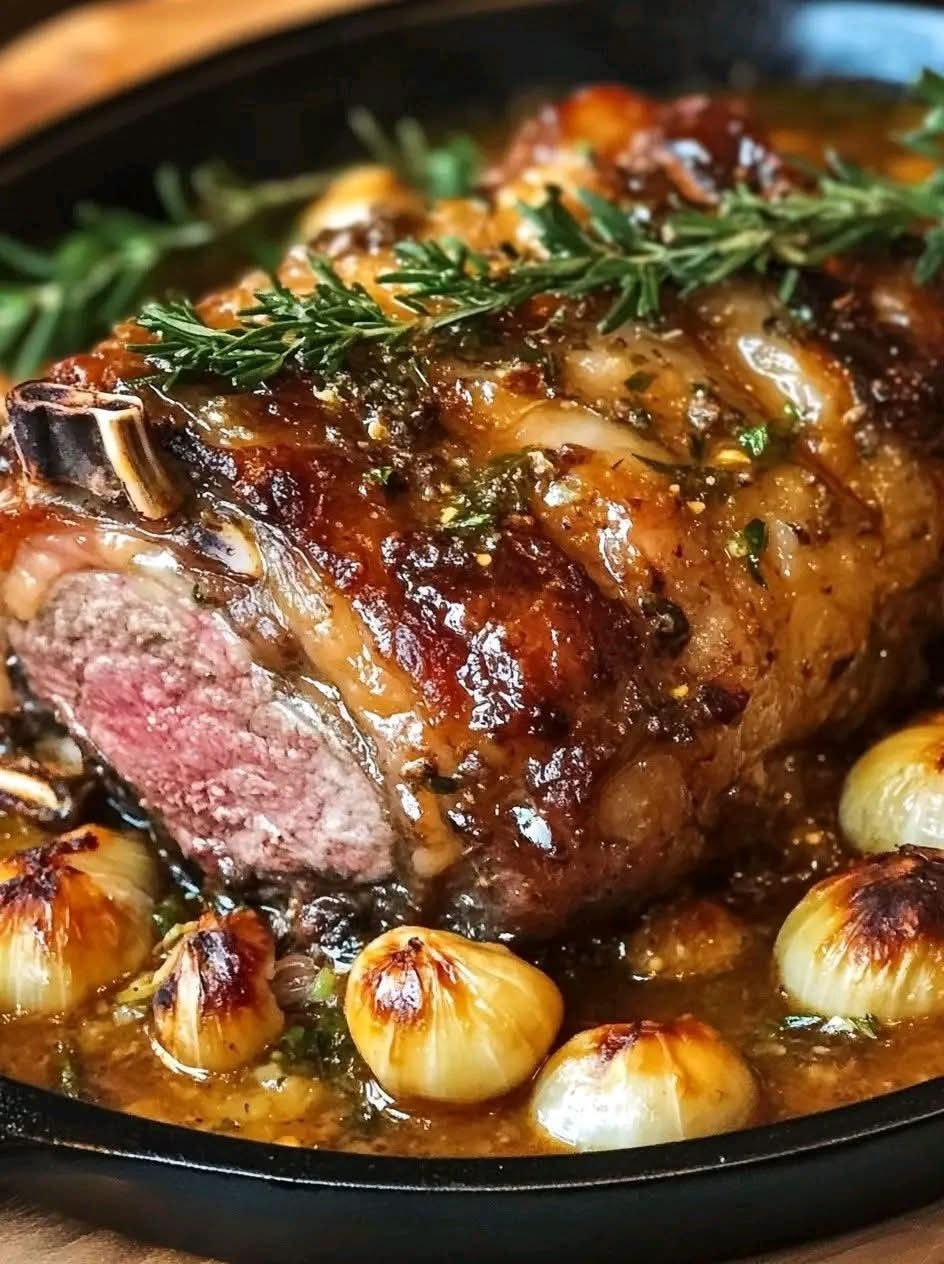 Oven-Baked Confit Lamb Shoulder with Garlic, Honey and Mustard served with roasted garlic and herb pan sauce.