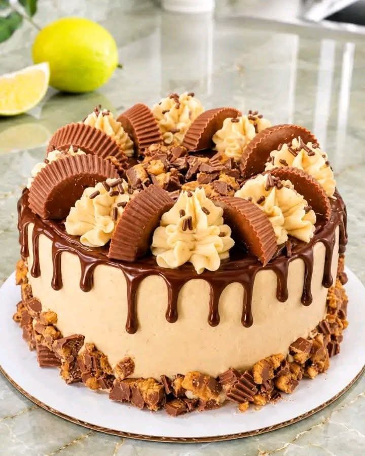 Reese's Peanut Butter Cup Cheesecake with chocolate ganache, peanut butter frosting and mini Reese's cups