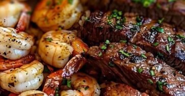Juicy Cajun shrimp and grilled steak served with sweet corn, sautéed bell peppers, onions, and seasoned vegetables on a large white dinner plate.