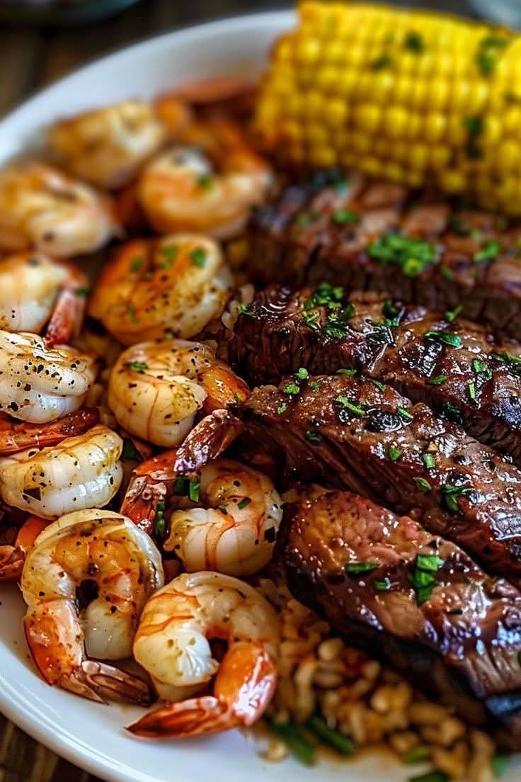 Juicy Cajun shrimp and grilled steak served with sweet corn, sautéed bell peppers, onions, and seasoned vegetables on a large white dinner plate.