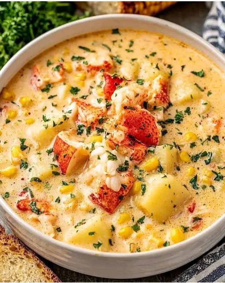 Creamy Lobster Corn Chowder with lobster, corn, potatoes, and fresh parsley
