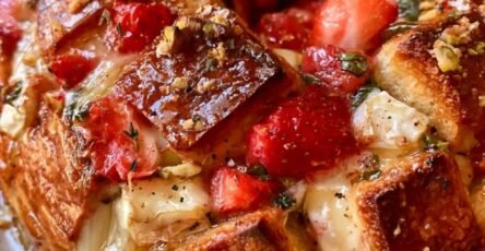 Golden baked Strawberry Brie Pull-Apart Bread stuffed with creamy melted Brie cheese, fresh strawberries, mozzarella, basil, and topped with crunchy roasted pistachios. This easy cheesy appetizer recipe is perfect for parties, holidays, brunch, and family gatherings.