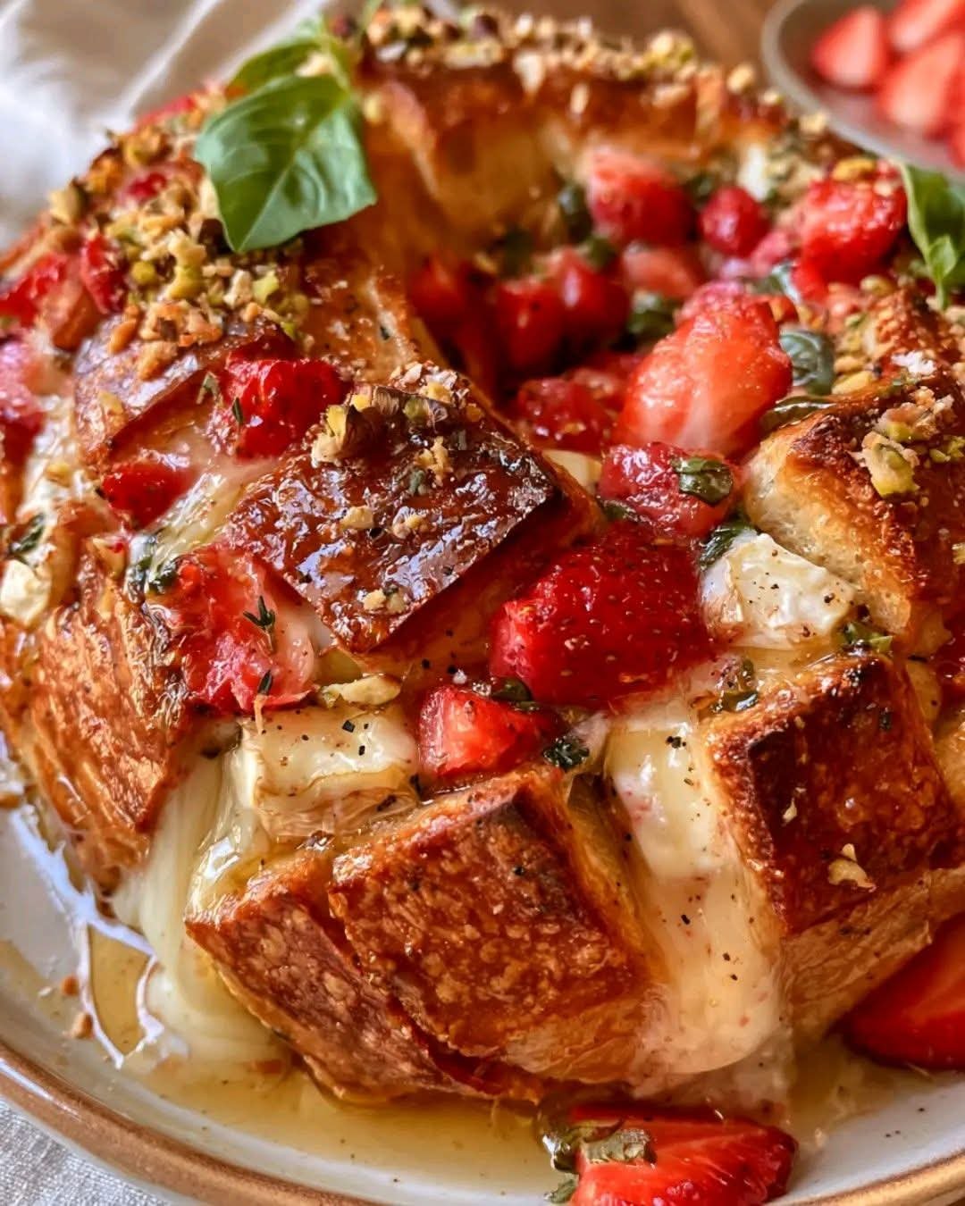 Golden baked Strawberry Brie Pull-Apart Bread stuffed with creamy melted Brie cheese, fresh strawberries, mozzarella, basil, and topped with crunchy roasted pistachios. This easy cheesy appetizer recipe is perfect for parties, holidays, brunch, and family gatherings.