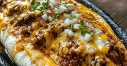 Chili-rubbed pork burrito topped with melted cheese, seasoned ground beef, diced onions, tomatoes, cilantro, and vegetables served on a sizzling platter.