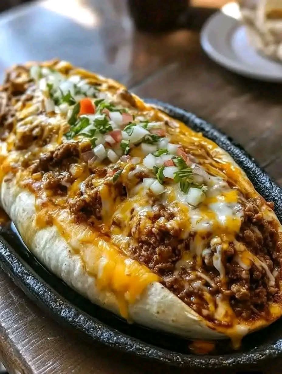 Chili-rubbed pork burrito topped with melted cheese, seasoned ground beef, diced onions, tomatoes, cilantro, and vegetables served on a sizzling platter.