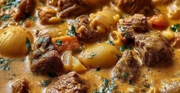 Slow-Braised Golden Coconut Beef Curry with tender beef, potatoes, carrots, onions, and creamy coconut curry sauce in a slow cooker.