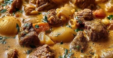 Slow-Braised Golden Coconut Beef Curry with tender beef, potatoes, carrots, onions, and creamy coconut curry sauce in a slow cooker.