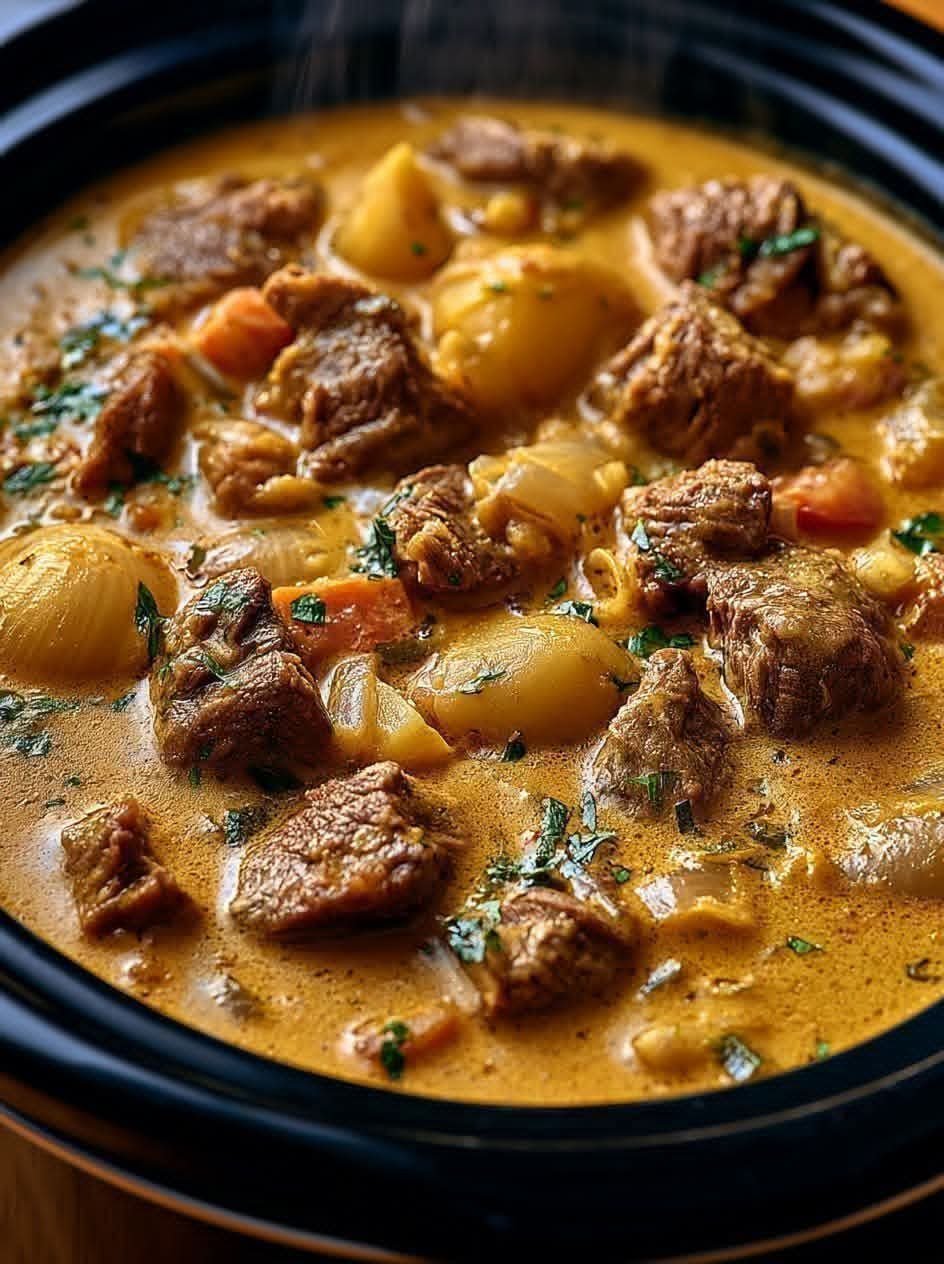 Slow-Braised Golden Coconut Beef Curry with tender beef, potatoes, carrots, onions, and creamy coconut curry sauce in a slow cooker.