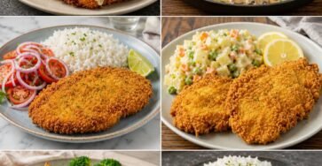 Collage of six easy chicken recipes featuring crispy breaded chicken, creamy mushroom chicken, chicken Milanese, stuffed chicken with spinach and cheese, glazed lemon chicken, and cheesy baked chicken served with rice, potatoes, vegetables, and salad.