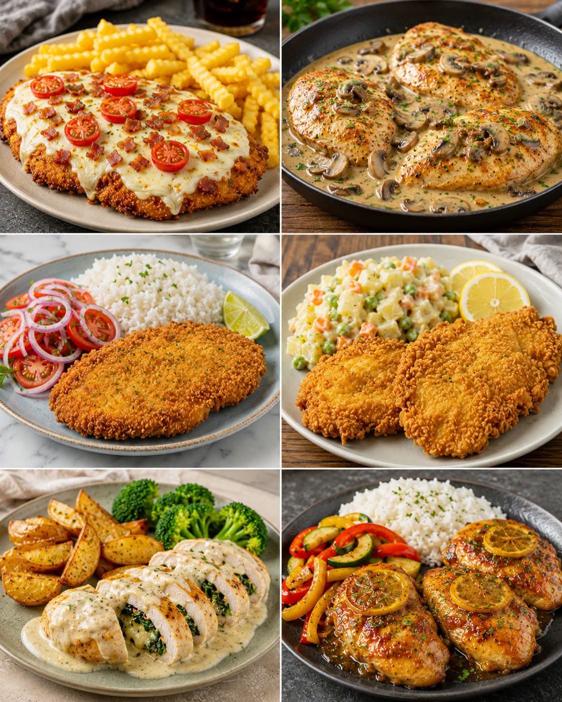 Collage of six easy chicken recipes featuring crispy breaded chicken, creamy mushroom chicken, chicken Milanese, stuffed chicken with spinach and cheese, glazed lemon chicken, and cheesy baked chicken served with rice, potatoes, vegetables, and salad.