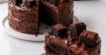 Rich Chocolate Brownie Fudge Cake with moist chocolate layers, creamy fudge filling, chocolate buttercream frosting, and fudgy brownie bites on top.