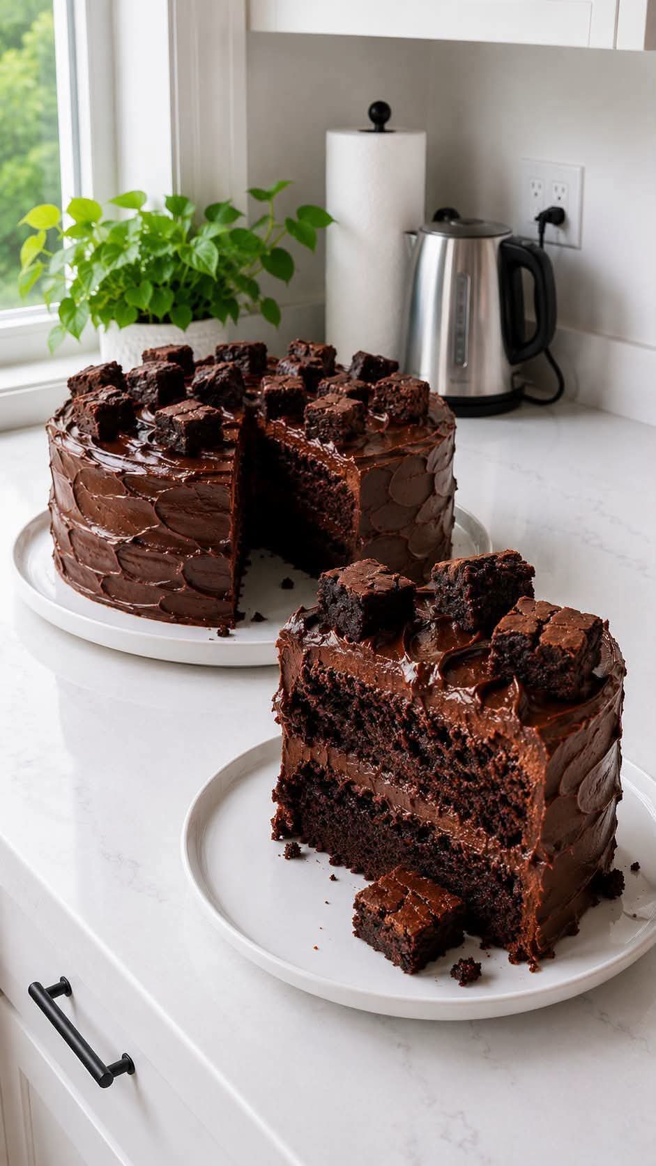 Rich Chocolate Brownie Fudge Cake with moist chocolate layers, creamy fudge filling, chocolate buttercream frosting, and fudgy brownie bites on top.