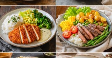 Six healthy high-protein meal prep dishes including meatloaf, beef bowl, crispy chicken, grilled steak, salmon, and meatballs served with rice, quinoa, potatoes, and fresh vegetables.