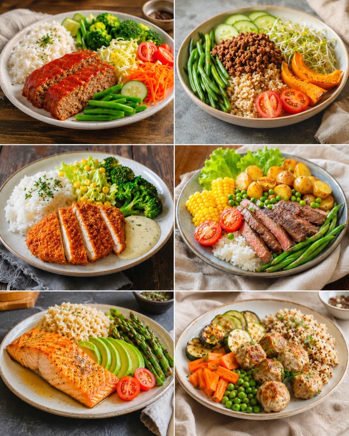 Six healthy high-protein meal prep dishes including meatloaf, beef bowl, crispy chicken, grilled steak, salmon, and meatballs served with rice, quinoa, potatoes, and fresh vegetables.