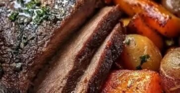 Tender classic pot roast with roasted potatoes and carrots served with rich beef gravy and fresh parsley on a white dinner plate.