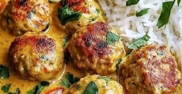 Tender Thai chicken meatballs served in a creamy coconut red curry sauce with jasmine rice, fresh cilantro, red peppers, and lime wedges.