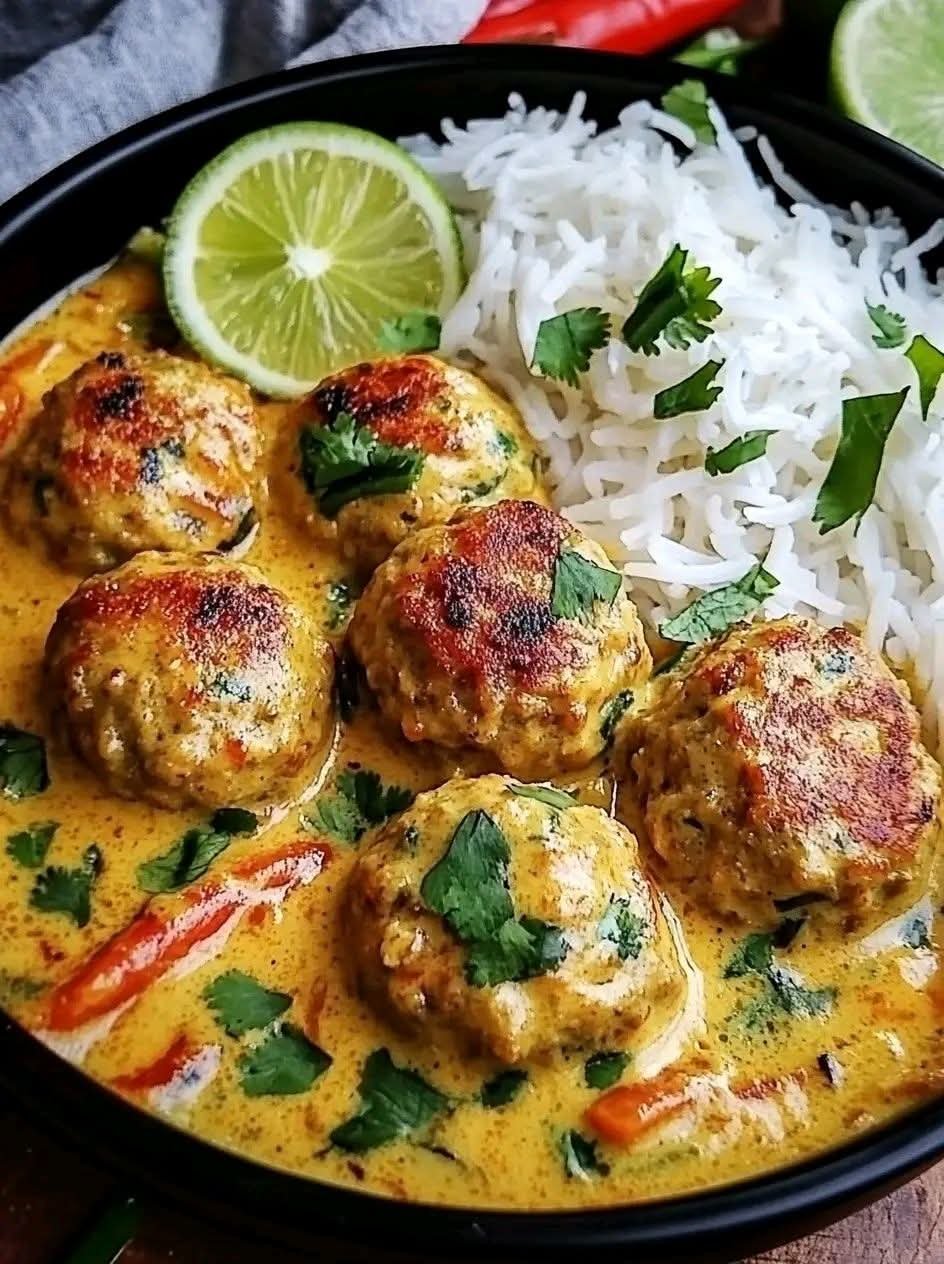 Tender Thai chicken meatballs served in a creamy coconut red curry sauce with jasmine rice, fresh cilantro, red peppers, and lime wedges.