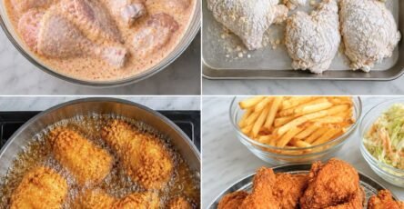 Step-by-step collage showing buttermilk-marinated chicken, seasoned flour coating, deep frying, and crispy KFC-style fried chicken served with French fries and coleslaw.