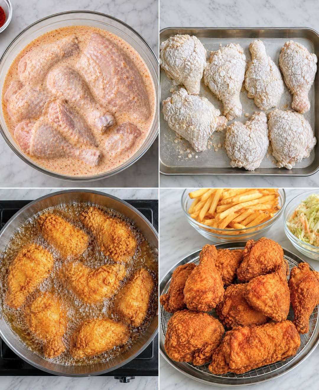Step-by-step collage showing buttermilk-marinated chicken, seasoned flour coating, deep frying, and crispy KFC-style fried chicken served with French fries and coleslaw.