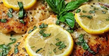 Golden Parmesan-crusted Chicken Romano topped with fresh lemon slices, basil, and parsley, served in a creamy garlic lemon butter sauce.