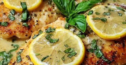 Golden Parmesan-crusted Chicken Romano topped with fresh lemon slices, basil, and parsley, served in a creamy garlic lemon butter sauce.