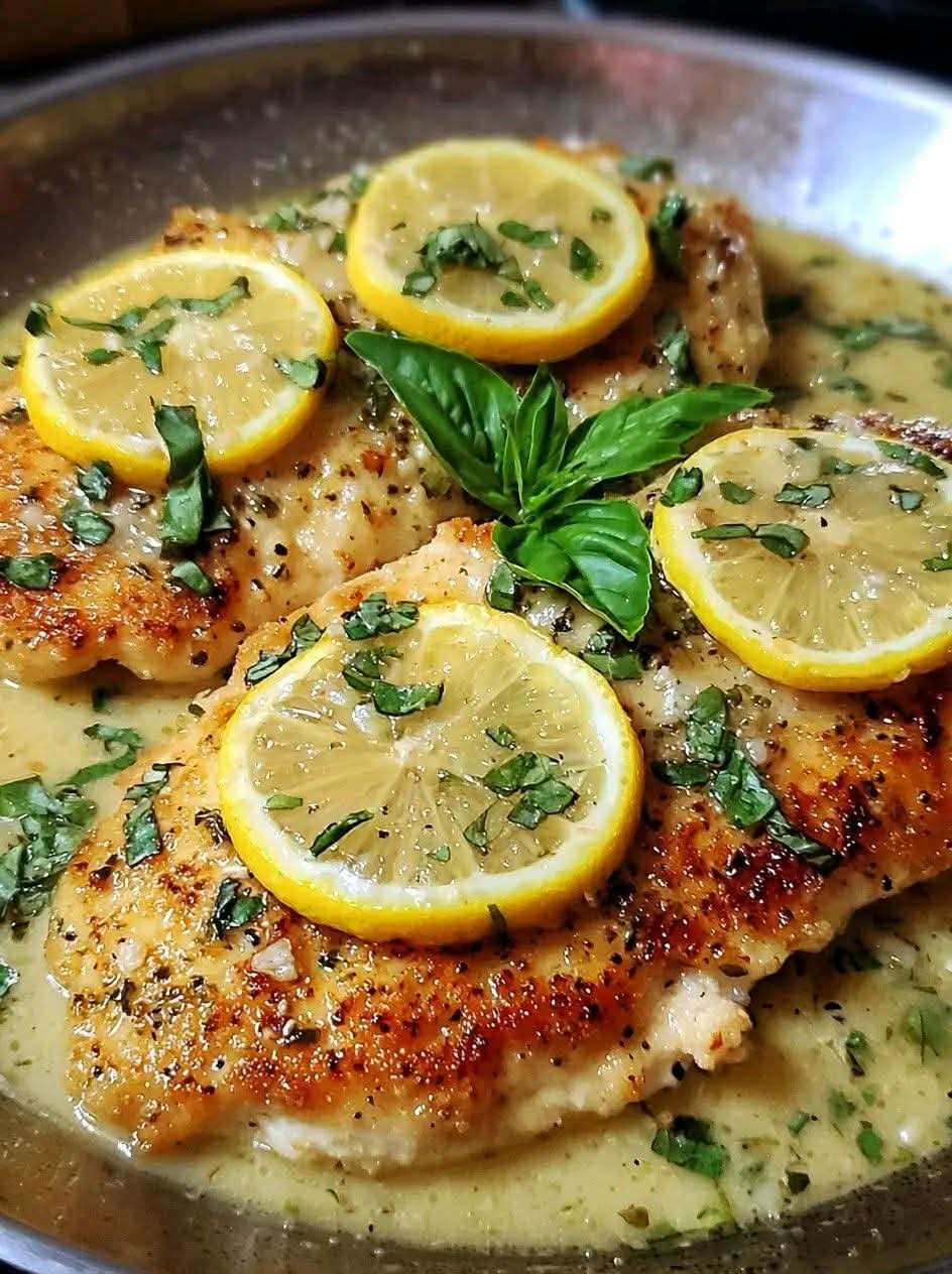 Golden Parmesan-crusted Chicken Romano topped with fresh lemon slices, basil, and parsley, served in a creamy garlic lemon butter sauce.