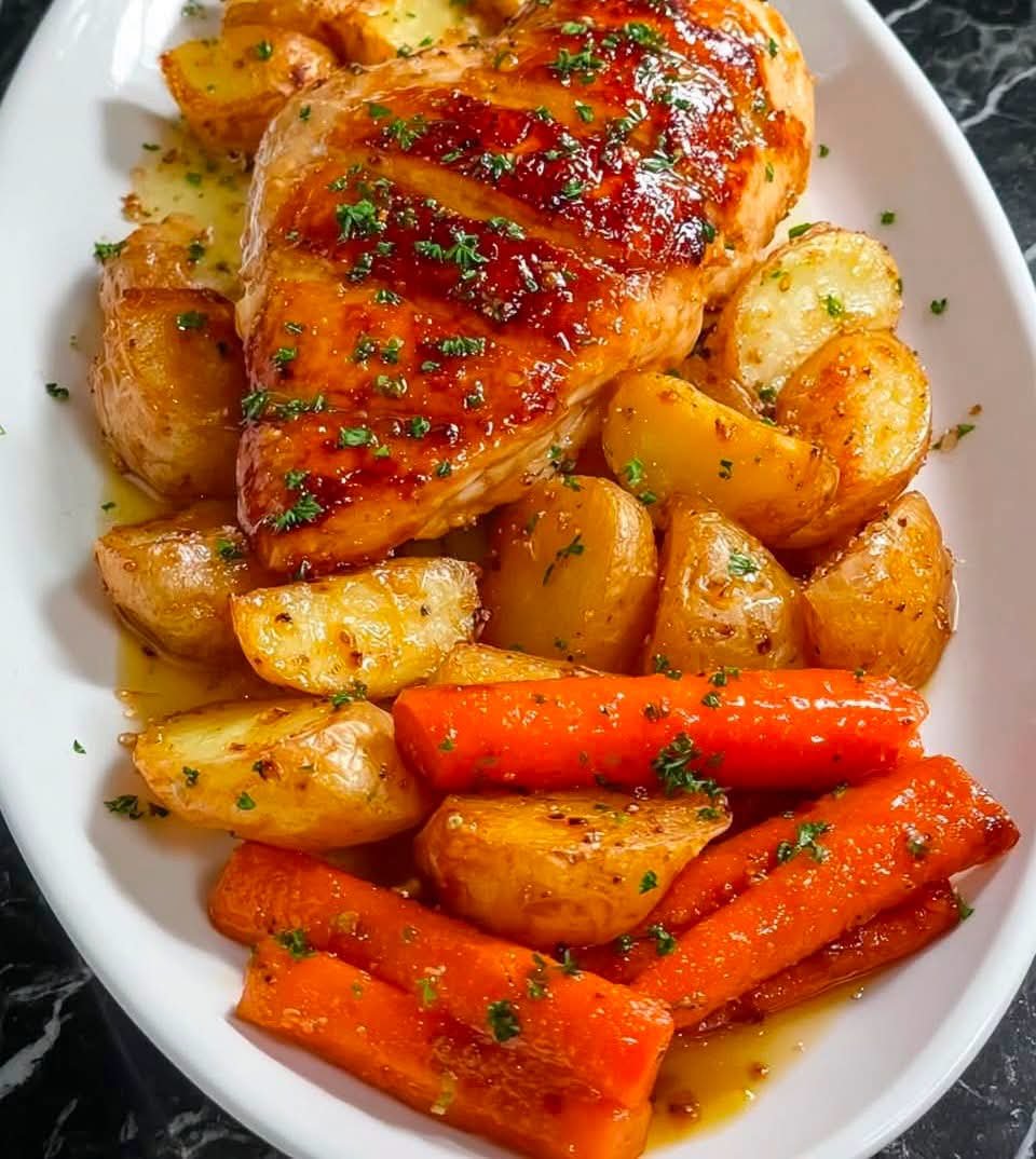 Honey Garlic Roasted Chicken with Crispy Potatoes and Sweet Roasted Carrots on a White Serving Platter