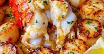 Garlic butter lobster tails served with golden pan-seared scallops, fresh lemon wedges, parsley, and rich lemon garlic butter sauce.