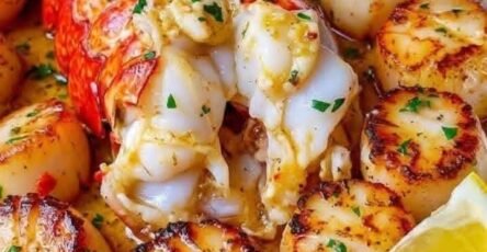 Garlic butter lobster tails served with golden pan-seared scallops, fresh lemon wedges, parsley, and rich lemon garlic butter sauce.
