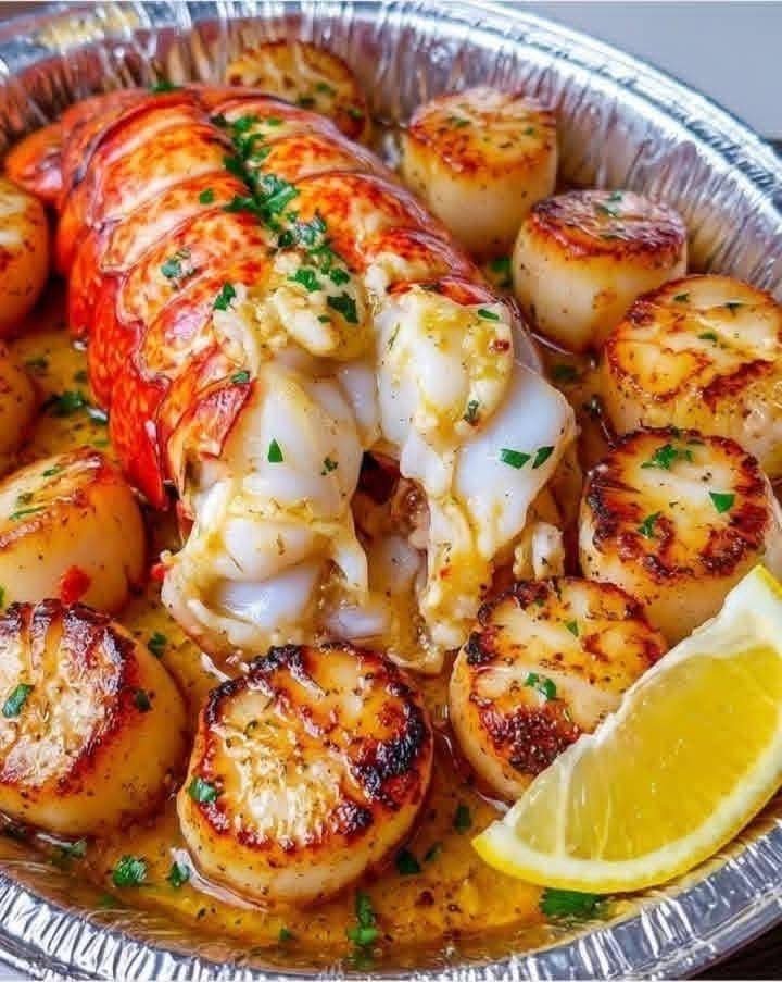 Garlic butter lobster tails served with golden pan-seared scallops, fresh lemon wedges, parsley, and rich lemon garlic butter sauce.