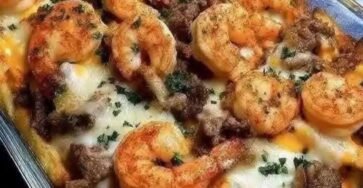 Loaded Surf and Turf cheese fries topped with juicy steak strips, garlic butter shrimp, creamy cheddar cheese sauce, melted mozzarella, and fresh parsley.