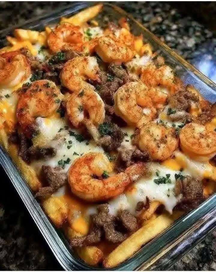 Loaded Surf and Turf cheese fries topped with juicy steak strips, garlic butter shrimp, creamy cheddar cheese sauce, melted mozzarella, and fresh parsley.