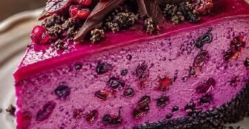 Slice of no-bake chocolate cranberry cheesecake with dark chocolate cookie crust, creamy cranberry filling, and chocolate shards.