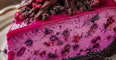 Slice of no-bake chocolate cranberry cheesecake with dark chocolate cookie crust, creamy cranberry filling, and chocolate shards.