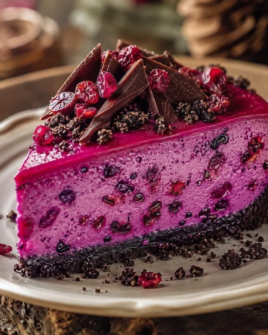 Slice of no-bake chocolate cranberry cheesecake with dark chocolate cookie crust, creamy cranberry filling, and chocolate shards.