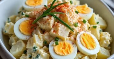 Creamy potato egg salad with hard-boiled eggs, mayonnaise, mustard, chives, and paprika served in a white bowl.