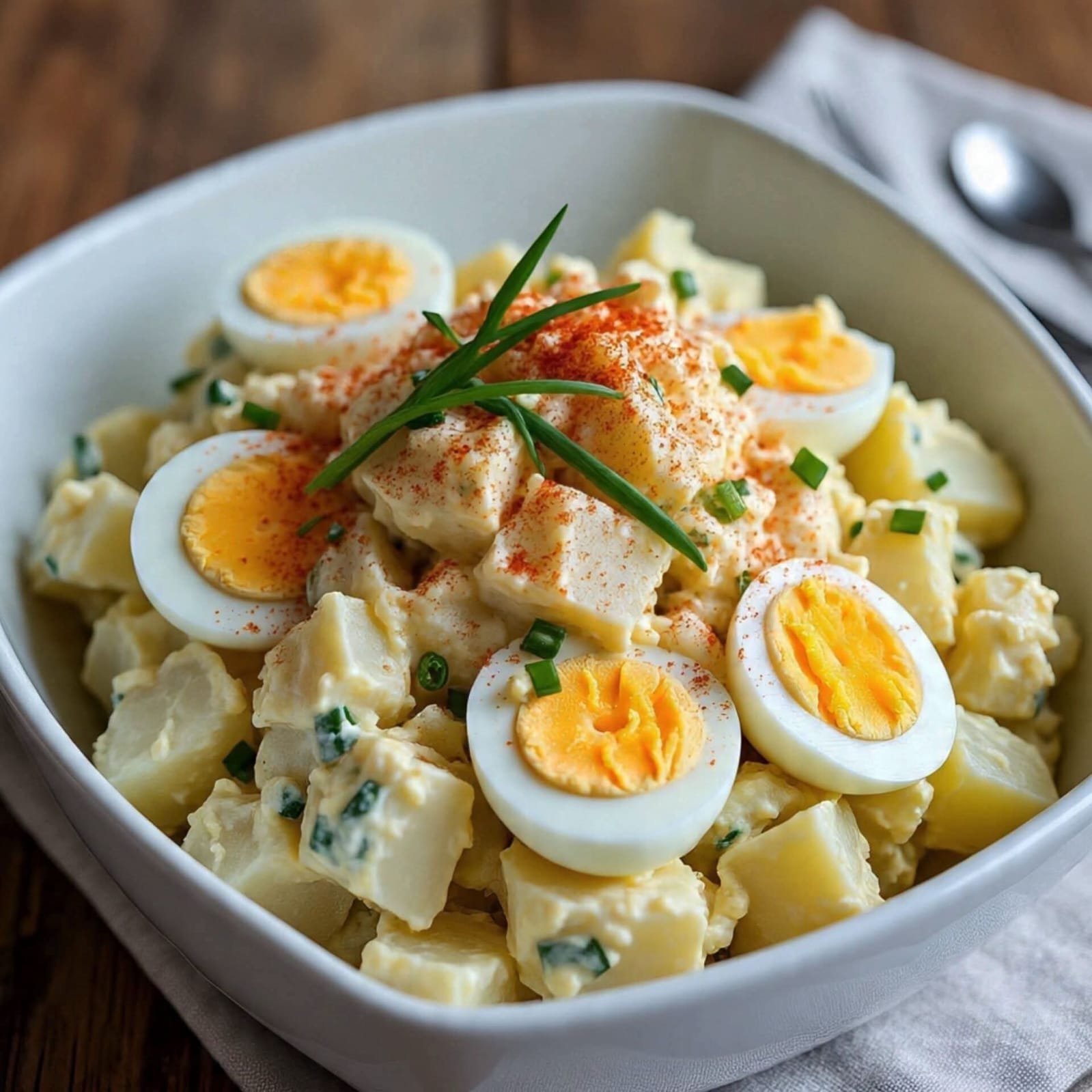 Creamy potato egg salad with hard-boiled eggs, mayonnaise, mustard, chives, and paprika served in a white bowl.