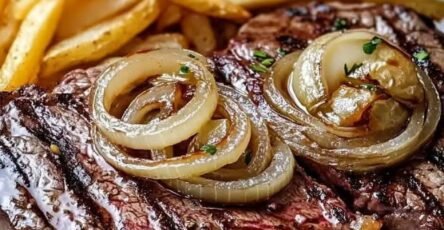 Juicy slow cooker maple balsamic beef pot roast served with caramelized onions and crispy French fries