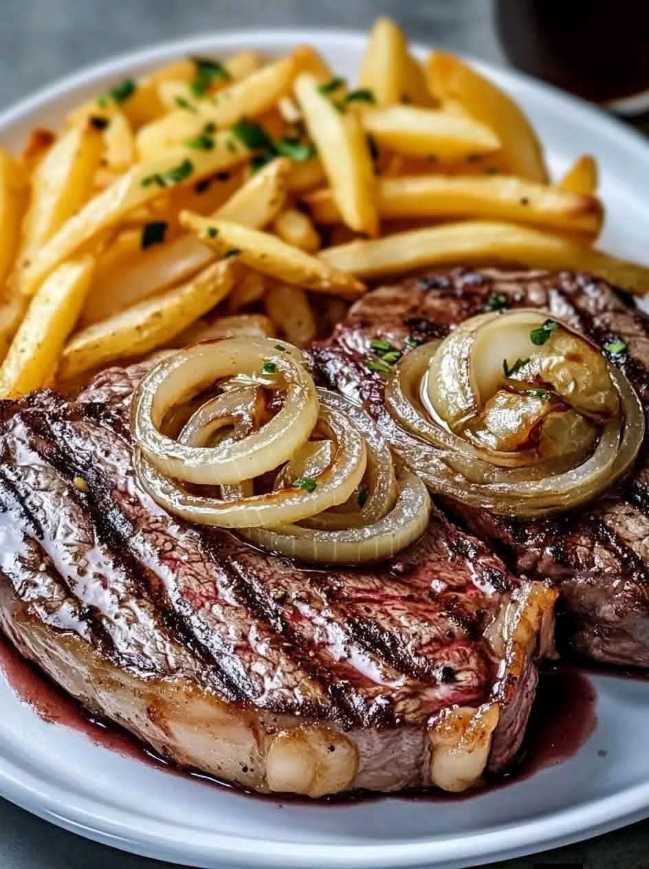 Juicy slow cooker maple balsamic beef pot roast served with caramelized onions and crispy French fries